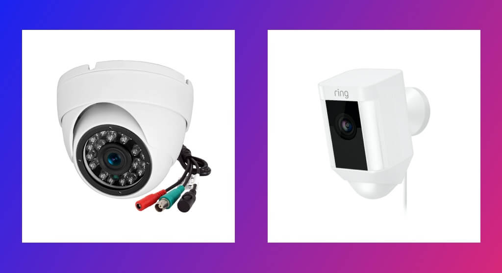 Side by side images of a CCTV analog camera and a Wi-Fi connected IPTV camera.