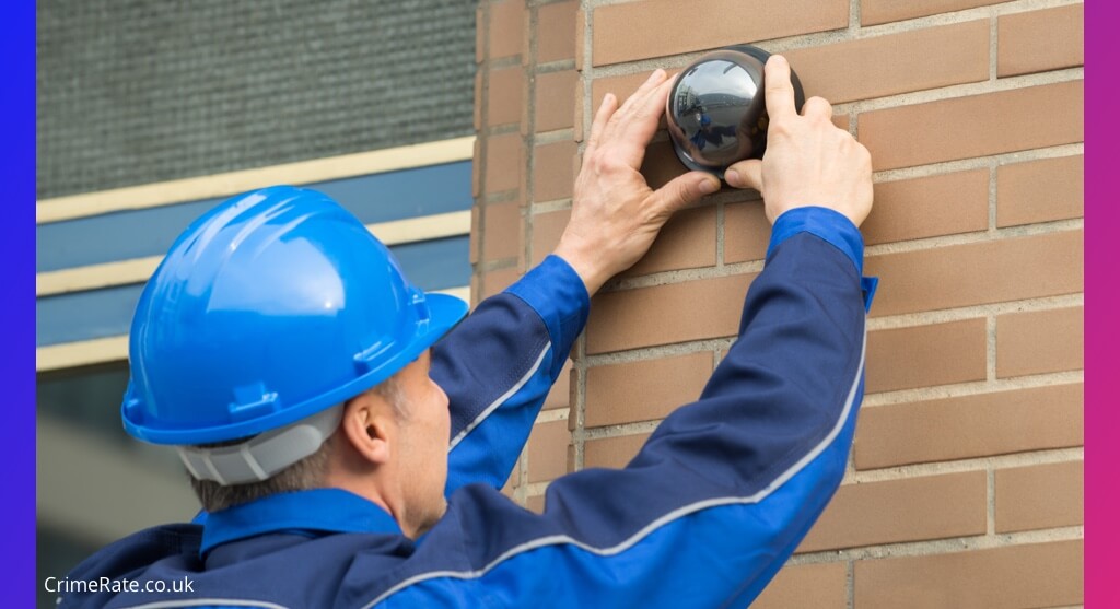 Man installing security system on a building. 